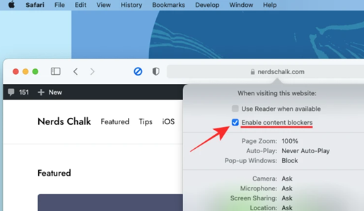 Disable Content Blocker on Safari
