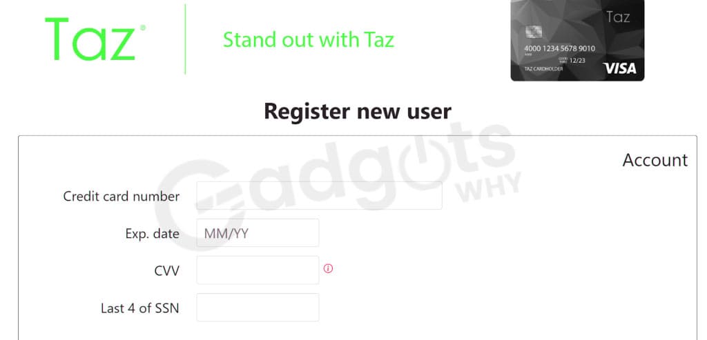 register Taz visa credit card