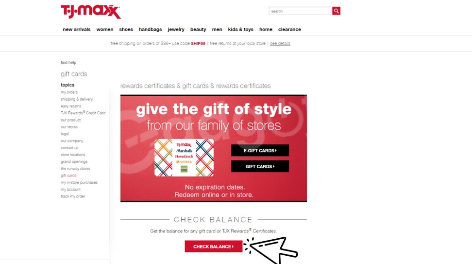check TJ Maxx gift card balance